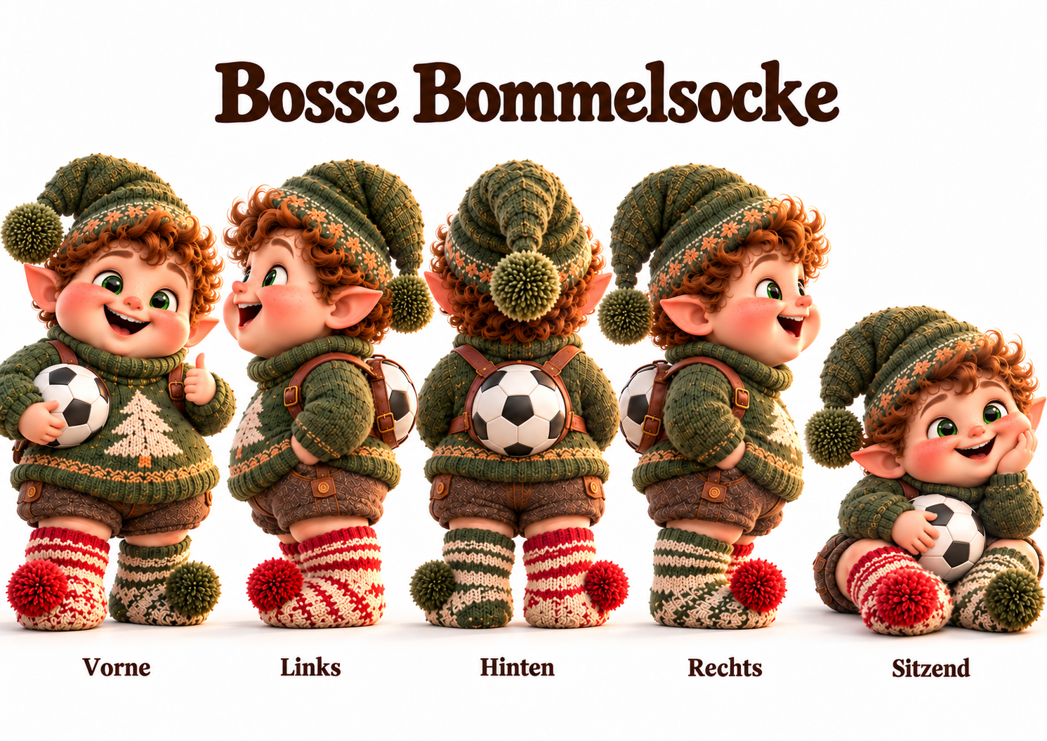Bosse Bommelsocke in fünf Ansichten mit Fußball und seinen ungleichen Socken.